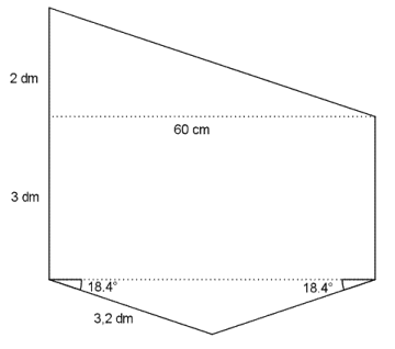 Figuren består av et rektangel og to trekanter. Rektanglet har lengder på 3 dm og 50 cm. Den ene trekanten er rettvinklet og har kateter med lengder 2 dm og 60 cm (den lengste kateten er også en side i rektanglet). Den andre trekanten deler også en side på 60 cm med rektanglet (på motsatt side), og vinklene som "går ut i fra" denne siden er begge på 18,4 grader. En av de to andre sidene i trekanten har lengde 3,2 dm.